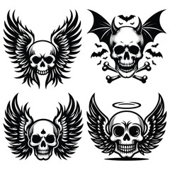 Variety of winged skull designs, black and white, vector art for tattoos, Halloween themes