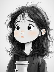 Portrait of a Stylish Girl Holding a Coffee Cup in Minimalistic Art Style