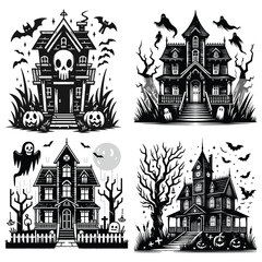 Fototapeta premium Black and white haunted houses with spooky elements, perfect for Halloween decorations