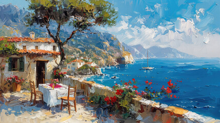 Small restaurant on the Mediterranean Sea, oil painting style, summer seascape