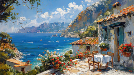 Small restaurant on the Mediterranean Sea, oil painting style, summer seascape