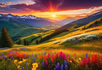 vibrant landscapes showcasing breathtaking natural beauty lush majestic clear blue colorful wildflowers, nature, greenery, mountain, sky, forest, river