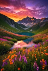Obraz premium stunning landscapes showcasing vibrant sunset hues majestic lush serene lakes under colorful sky, colors, mountains, valleys, scenery, nature, beauty, view