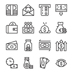 Fototapeta premium Money line icon collection. Editable stroke. Vector illustration. Containing money bag, money, funds, earnings, bonus, increase, saving, subsidy, fundraising, jar, profit