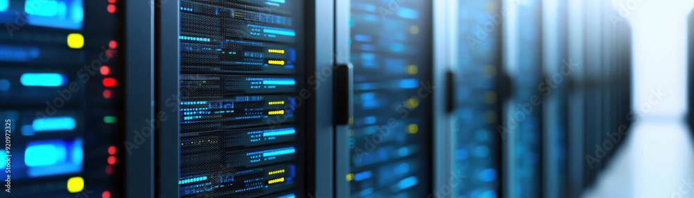Poster modern data center with rows of server racks illuminated by blue lights, representing advanced techn