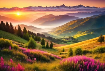 breathtaking sunrise landscapes showcasing vibrant colors over rolling hills majestic mountains, sky, clouds, nature, scenery, view, light, reflection