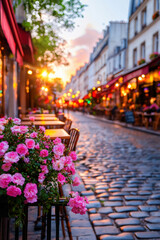Charming Paris street cafe at sunset with cobblestone road, blooming pink flowers, and warm lights creating a cozy and romantic ambiance.
