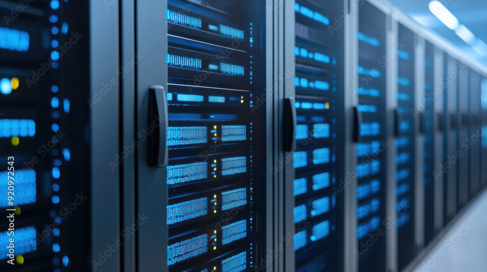 Poster modern data center room with servers and technology infrastructure, showing rows of network hardware