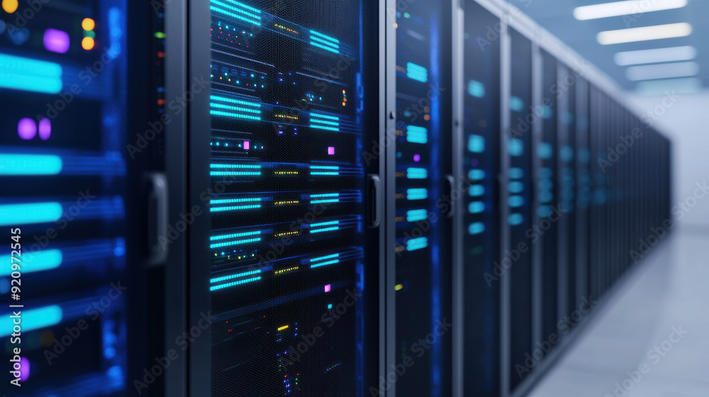 Poster a futuristic data center with rows of illuminated server racks, showcasing advanced technology and e