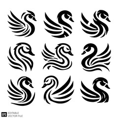 set of swan Black and White Vector Silhouette Illustrations Clip Art  Graphic Design Elements