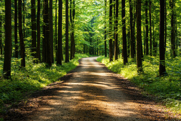 Tranquil forest path with sunlight filtering through the trees, creating a serene and inviting atmosphere for a peaceful walk.