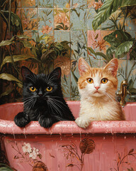 Three Kittens in a Pink Bathtub with Tropical Leafy Background