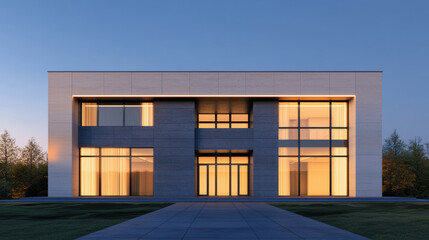 Modern architectural marvel with bright evening lights. Features minimalist design, large windows, and surrounding greenery under a clear sky.