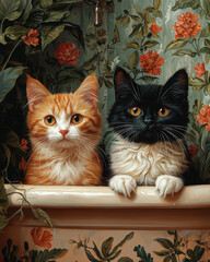 Three Kittens in a Pink Bathtub with Tropical Leafy Background