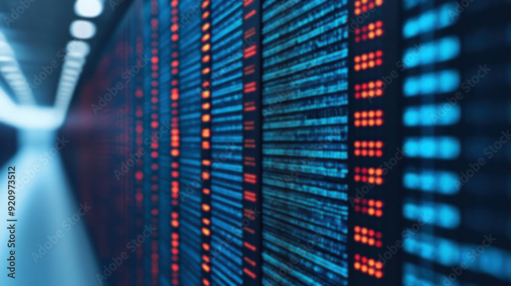 Poster blurred perspective of a futuristic data center corridor with illuminated server racks showcasing ad