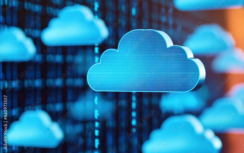 Poster digital representation of cloud computing with blue cloud icons on a dark background, symbolizing te