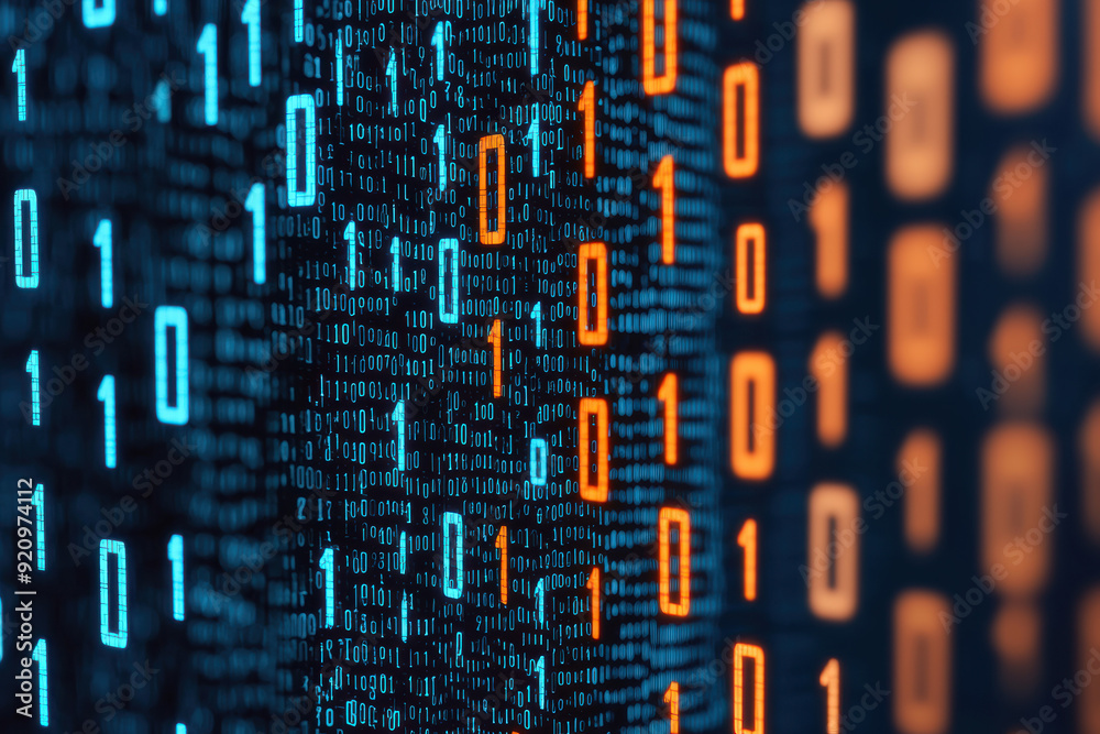 Poster close-up of abstract digital binary code pattern background in blue and orange hues on a dark backdr