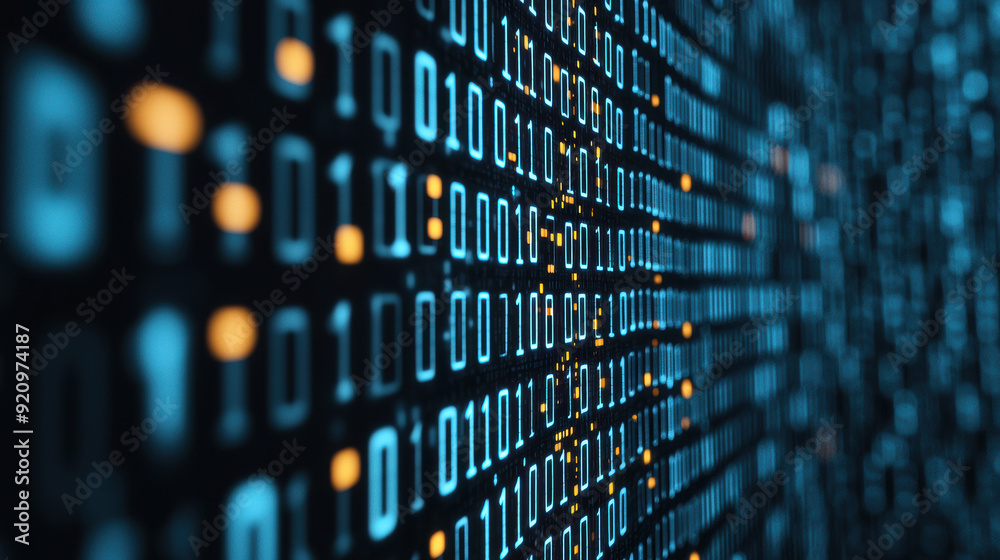 Poster closeup of digital binary code on a blue background representing data, technology, and information p