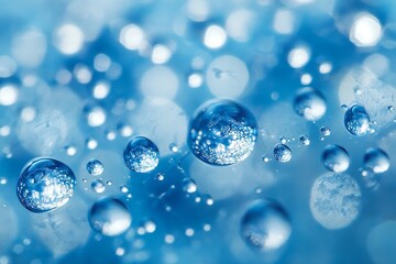 Ultra-Realistic Rendering of Transparent Water Droplets Reflecting Their Surroundings on a Blue Background, Close Up