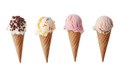 set of different colored vanilla cone ice cream Isolated on a white background.
