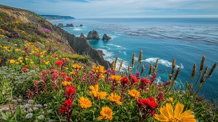A breathtaking coastal view adorned with vibrant flowers overlooking the serene ocean waves, capturing nature's beauty in harmony.