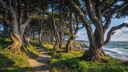 Obraz premium A serene coastal pathway lined with majestic trees, inviting nature lovers to explore the beauty of the ocean and forest.