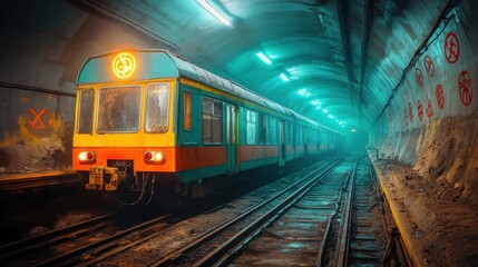Naklejka premium A ruined subway tunnel with toxic green light emanating from cracks in the walls, and radiation symbols painted everywhere,
