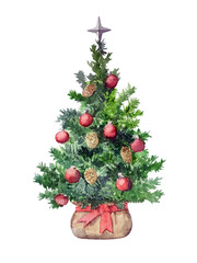 Watercolor Christmas Tree with Red and Gold Ornaments, Isolated on White or Transparent Background