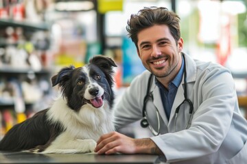 A Compassionate Veterinarian caring for a Happy Dog at a local Pet Clinic, ensuring the wellbeing of all canines and providing excellent veterinary services to pets and their owners