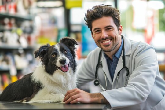 A Compassionate Veterinarian caring for a Happy Dog at a local Pet Clinic, ensuring the wellbeing of all canines and providing excellent veterinary services to pets and their owners