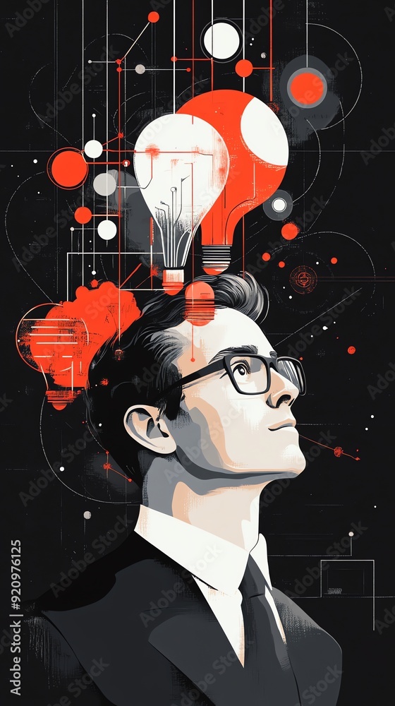 Aufkleber Man Looking Up at Lightbulb with Abstract Design.
