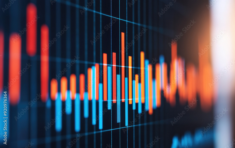 Poster close-up view of a digital graph with colorful bars on a screen, representing business data analysis