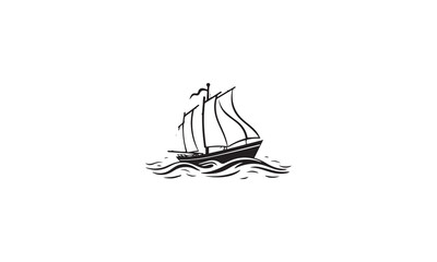 Simple Sailboat dhow boat ship on Sea Ocean Wave with Doodle black line art style for Sailing Travel Transport logo design white background
