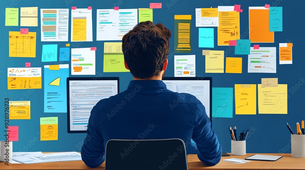 Aufkleber Programmer working on project with sticky notes.