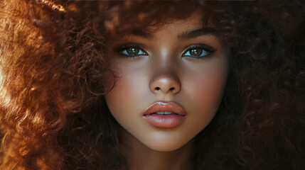 Fototapeta premium Portrait of Woman with Freckles and Curly Red Hair Looking Intently at Camera