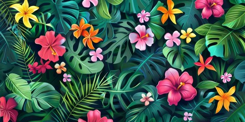 A stunning array of colorful tropical flowers combined with vibrant green leaves forms a lively, refreshing backdrop