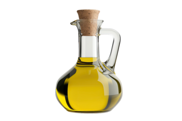 Elegant glass oil bottle with cork stopper isolated on transparent background
