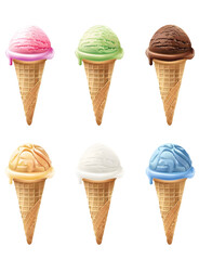 set of different colored vanilla cone ice cream Isolated on a white background.
