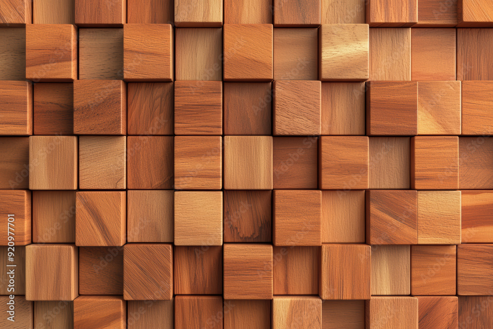 Poster close-up of an abstract wooden geometric pattern with square wooden blocks creating a detailed and t
