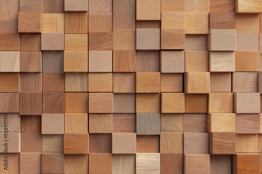 Wall mural a detailed wooden block wall pattern creating a geometric design with various shades of brown for a 