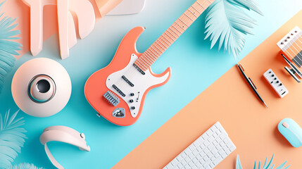 Flatlay of a keyboard, electric guitar, and acoustic guitar on a vibrant blue and orange background with geometric shapes and palm leaves.