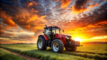 Obraz premium A Classic Red Tractor Silhouetted Against the Setting Sun AI generated