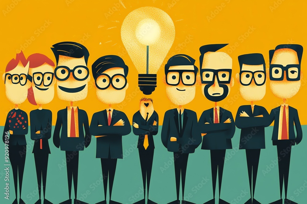Poster team of business people with lightbulb representing an idea.