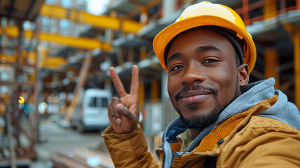 Construction engineer showing the victory sign at construction site.