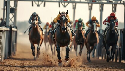 A horse race portrait from the starting gate shows the lead horse bursting out, dirt flying, and jockeys in focus, conveying excitement.