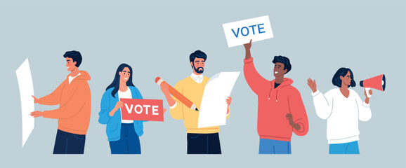 Different people holding posters, loudspeaker and fill out voting forms calling to vote in election day	