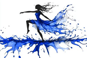 Woman in Blue Dress, Splashing Ink Art