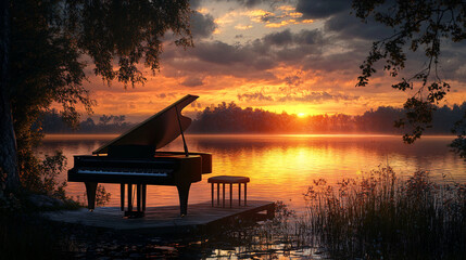 A grand piano sits alone on a snowy lakeshore, bathed in the warm glow of a setting sun.