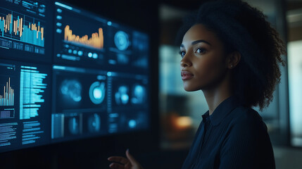 Business team in a video conference call, with various graphs and charts on the screen, discussing the next steps in their project