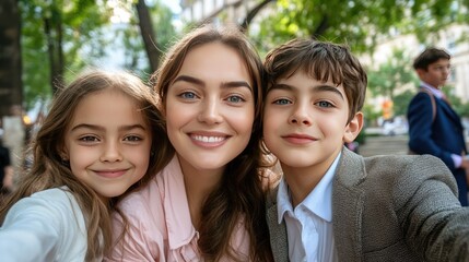 A happy mother is smiling with her two children, a girl in a pink shirt and a boy in a suit, enjoying a cheerful family moment together